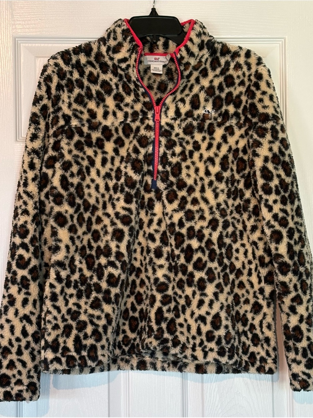 Vineyard Vines Women’s Leopard Fleece Half-Zip with Pink Trim